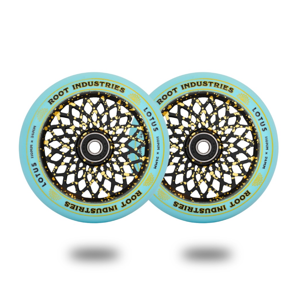 Root Industries 110mm Lotus Wheels — Blue/Gold Splatter